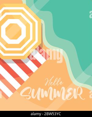 ciao banner estate, ombrello asciugamano spiaggia mare stagione vacanze viaggio concetto di illustrazione vettoriale Illustrazione Vettoriale