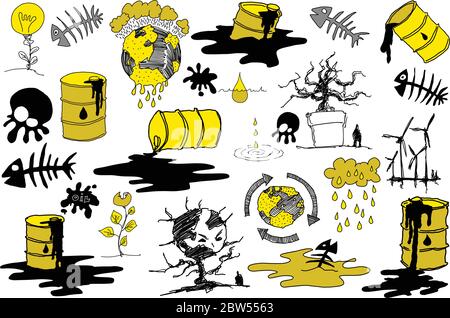 molti schizzi disegnati a mano di argomenti riguardanti la natura e l'ambiente e l'ecologia e la terra del pianeta, il tempo e l'inquinamento Illustrazione Vettoriale