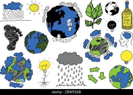 molti schizzi disegnati a mano di argomenti riguardanti la natura e l'ambiente e l'ecologia e pianeta terra e tempo Illustrazione Vettoriale