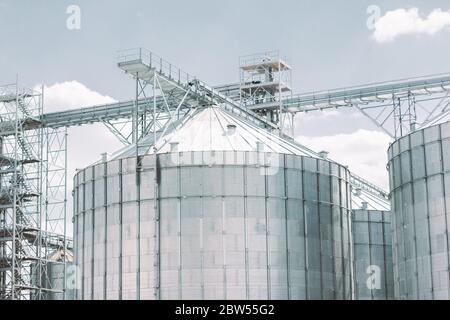 Costruzione per immagazzinaggio, essiccazione e lavorazione di prodotti di raccolto grezzi: Grano, grano, mais. Moderno edificio agricolo con silos. Lavorazione del prodotto p Foto Stock