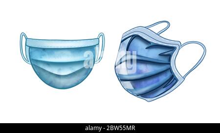 Illustrazione di una maschera protettiva contro virus, coronavirus, infezioni e batteri. Protezione delle malattie per il sistema respiratorio umano. Disegno di una maschera protettiva in blu su uno sfondo bianco isolato. Foto Stock