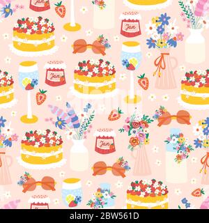 Garden party motivo vettoriale senza giunture rosa. Tavolo per feste estive torta di fragole, cocktail di vino, vaso con fiori e occhiali da sole che ripetono lo sfondo Illustrazione Vettoriale