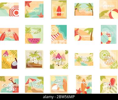 ciao banner estate, vacanze stagione viaggi tipografia icone set vettore illustrazione Illustrazione Vettoriale