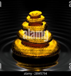 Pila di pietre dorate zen su un'acqua lucida e nera Foto Stock