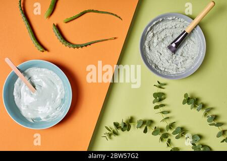 Cura di bellezza. Argilla blu e lozione corpo isolata su arancione e verde Foto Stock