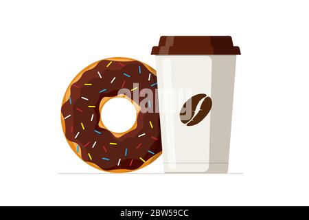 Cartone animato colorato e gustoso ciambella di cioccolato e tazza di caffè di carta usa e getta. Ciambella smaltata con illustrazione eps piatta isolata vettoriale per bevande calde Illustrazione Vettoriale