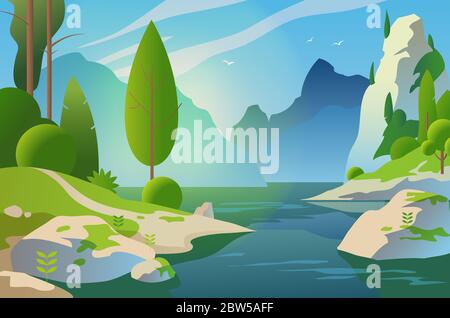 Paesaggio soleggiato. Foresta e montagne vicino al lago. Illustrazione vettoriale Illustrazione Vettoriale