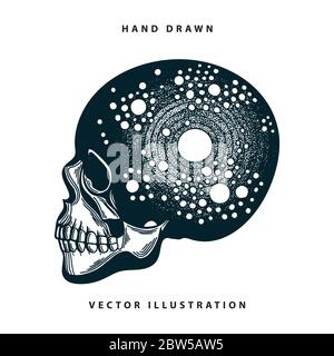 Cranio. Sistema solare nel cranio. Illustrazione vettoriale disegnata con la mano del cranio. Illustrazione Vettoriale