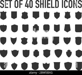 Forma badge polizia. 40 icone sagome di scudo militare vettoriale. Patch di sicurezza isolate su sfondo bianco. Illustrazione protezione della forma dello scudo, sicurezza nera e logo calcistico vettoriale eps 10 Illustrazione Vettoriale