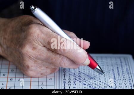 Donna anziana che fa crossword puzzle per mantenere mentalmente attivo. Foto Stock