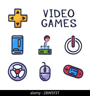 Insieme di icone vettoriali doodle relative ai giochi per computer. Joystick, controller di gioco, computer e laptop. Dispositivi elettronici Illustrazione Vettoriale