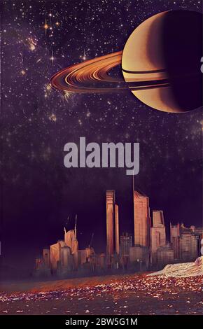 Fantasy landscape for Book Cover - moderno skyline della città su duna e nebbia illustrazione digitale. Elementi di questa immagine fornita dalla NASA Foto Stock