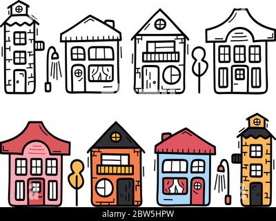 Cartello decorativo scandinavo. Pacchetto vettoriale di Doodle. Set di case con finestra e porta sul tetto. Illustrazione vettoriale disegnata a mano Illustrazione Vettoriale