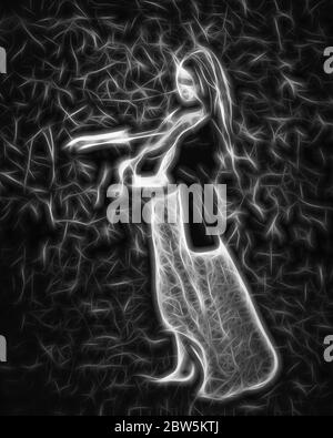 Foto in bianco e nero modificata digitalmente di un violinista sonnambulante Foto Stock