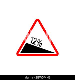 Segnale stradale di strada ripida su bianco, segnale di avvertimento circa il declino del 12 per cento. Illustrazione Vettoriale