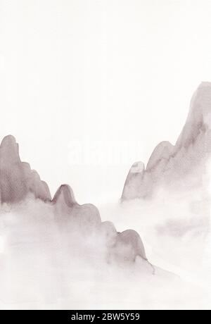 Pittura astratta con inchiostro nero in stile orientale asiatico su sfondo bianco. Elementi acquerelli disegnati a mano per design, emblemi, logo, striscioni, volantini, biglietti. Foto Stock