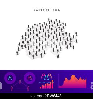 Mappa delle icone della popolazione svizzera. Silhouette vettoriale dettagliata. Folla mista di uomini e donne. Infografiche della popolazione. Illustrazione vettoriale isolata. Illustrazione Vettoriale