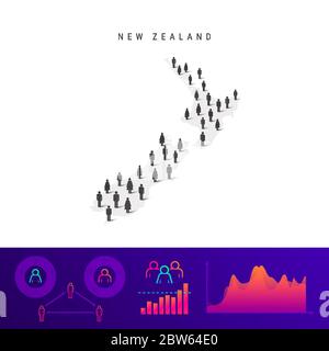 Mappa delle icone della Nuova Zelanda. Silhouette vettoriale dettagliata. Folla mista di uomini e donne. Infografiche della popolazione. Illustrazione vettoriale isolata. Illustrazione Vettoriale