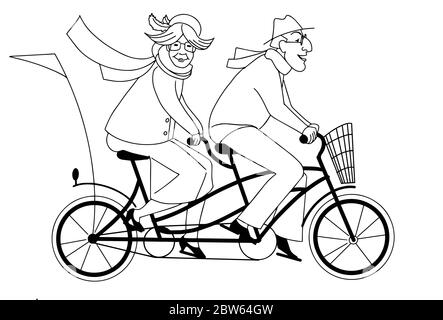 Una coppia anziana attiva che cavalcano una bicicletta tandem. Uno stile di vita sano, uomo e donna che fanno sport. Illustrazione vettoriale stile Doodle Illustrazione Vettoriale