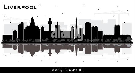 Silhouette skyline della città di Liverpool con edifici neri e riflessi isolati su bianco. Illustrazione vettoriale. Illustrazione Vettoriale