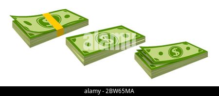 Imballaggio banconote cartoni piatti. Cumuli di denaro, banconote in bundle. Dollaro verde in vari pacchetti, pacchetto di segni di valuta. Centinaia di dollari , bollette di carta verde. Illustrazione vettoriale isolata Illustrazione Vettoriale