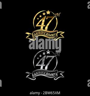 Festeggia il 47° anniversario con il logo, a forma di stella, con anelli in oro e argento e nastri di gradazione isolati su sfondo nero.EPS 10 Illustrazione Vettoriale