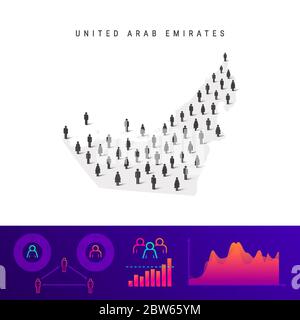 Mappa delle icone degli Emirati Arabi Uniti. Silhouette vettoriale dettagliata. Folla mista di uomini e donne. Infografiche della popolazione. Illustrazione vettoriale isolata. Illustrazione Vettoriale