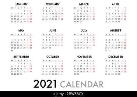Il calendario per la pianificazione della settimana 2021 inizia lunedì. Modello vettoriale semplice eps 10. Illustrazione Vettoriale