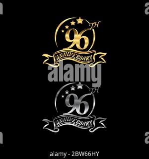 Festeggia il 96° anniversario con il logo, a forma di stella, con anelli in oro e argento e nastri di gradazione isolati su sfondo nero.EPS 10 Illustrazione Vettoriale