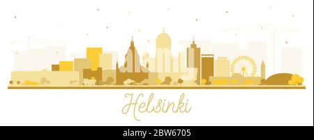 Helsinki Finlandia City Skyline Silhouette con edifici dorati isolati su bianco. Illustrazione vettoriale. Illustrazione Vettoriale