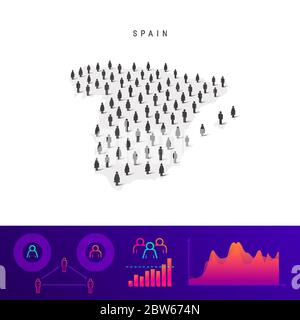 Mappa delle icone della gente spagnola. Silhouette vettoriale dettagliata. Folla mista di uomini e donne. Infografiche della popolazione. Illustrazione vettoriale isolata. Illustrazione Vettoriale