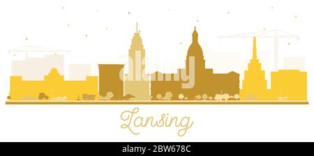 Lansing Michigan City Skyline Silhouette con edifici dorati isolati su bianco. Illustrazione vettoriale. Illustrazione Vettoriale