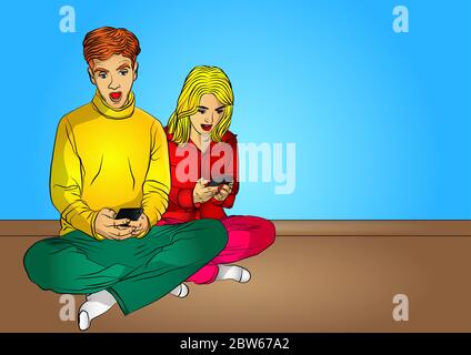 Uomo e donna seduti su un pavimento con le gambe incrociate, guardando i loro telefoni cellulari e urlando - stile fumetto, positivo eccitato Illustrazione Vettoriale