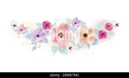Acquerello dipinto a mano con fiori e foglie di bouquet colorati. Uso per matrimoni, San Valentino, invito, poster, banner, sito web, biglietti d'auguri. Illustrazione Vettoriale