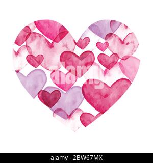 Cuori acquerelli per San Valentino. Pittura a forma di cuore disegnata a mano per invito, biglietti di auguri. Illustrazione Vettoriale
