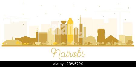 Silhouette skyline della città di Nairobi Kenya con edifici dorati isolati su bianco. Viaggio d'affari e concetto con architettura moderna. Paesaggio urbano di Nairobi. Illustrazione Vettoriale