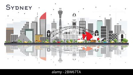 Sydney Australia City Skyline con edifici grigi e riflessi isolati su sfondo bianco. Illustrazione Vettoriale