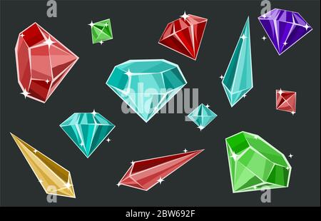 Gems impostare diverse forme, cartoni animati vettoriali a colori illustrazione orizzontale Illustrazione Vettoriale
