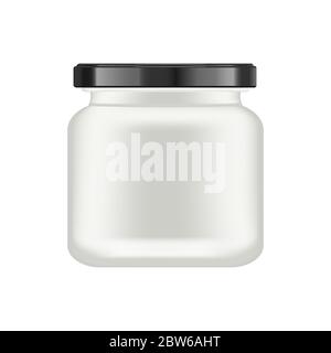 Realistica opaca di colore bianco opaco Vetro vaso con coperchio nero per i cosmetici - crema per il corpo, olio, scrub, gel, polveri. Confezionamento realistico mockup modello. Medical Illustrazione Vettoriale