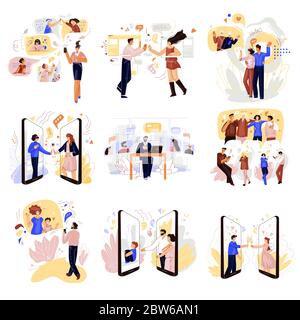 Comunicazione remota online, concetti vettoriali con diversi tipi di connessione remota - insegnante con bambini classe online, business video conferenza Illustrazione Vettoriale