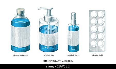 Set di disinfettanti imbatti a mano clip art vintage isolato su sfondo bianco Illustrazione Vettoriale