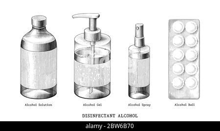 Set di disinfettanti alcol disegno a mano vintage nero e bianco clip art isolato su sfondo bianco Illustrazione Vettoriale