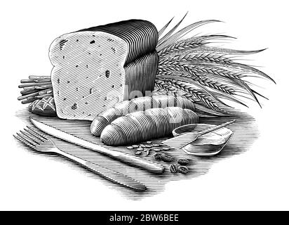 Illustrazione della collezione di pane stile di incisione vintage, in bianco e nero, isolato su sfondo bianco Illustrazione Vettoriale