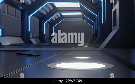 Elementi di rendering 3D di questa immagine forniti, Spaceship interno nero con vista, tunnel, corridoio Foto Stock