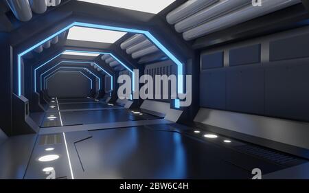 Rendering 3D interno nero Spaceship con luce blu, tunnel, grande corridoio, futuristico Foto Stock