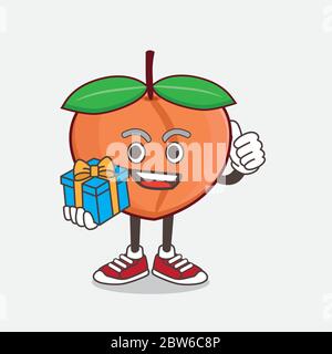 Un'illustrazione del personaggio della mascotte di cartone animato di Peach Fruit con regalo Illustrazione Vettoriale