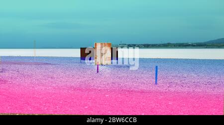 Foto di una bellissima spiaggia retrò con docce e cabine sulla costa del mare Foto Stock