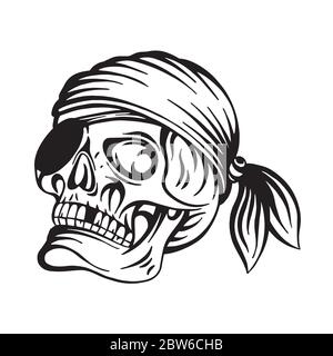 Cranio. Immagine vettoriale disegnata a mano del cranio pirata. Cranio con disegno di schizzo di cerchietto e fascia. Parte del set. Illustrazione Vettoriale