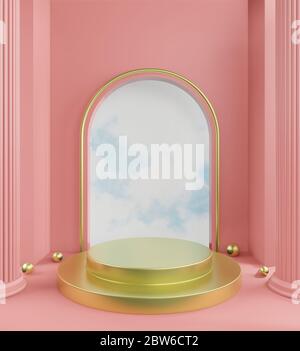 Il rendering 3D del passaggio rosa di sfondo geometrico può essere utilizzato per pubblicità commerciale cielo blu dietro la porta, podio oro spazio copia Foto Stock