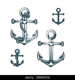 Ancoraggio per imbarcazioni. Set di illustrazioni vettoriali per ancoraggi a bordo disegnati a mano. Tasselli vintage con disegno ad incisione. Illustrazione Vettoriale